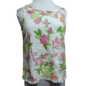 Cotton Connection Vtg Linen Floral Sleeveless Blouse Top Sz S Ruffle Trim Girly